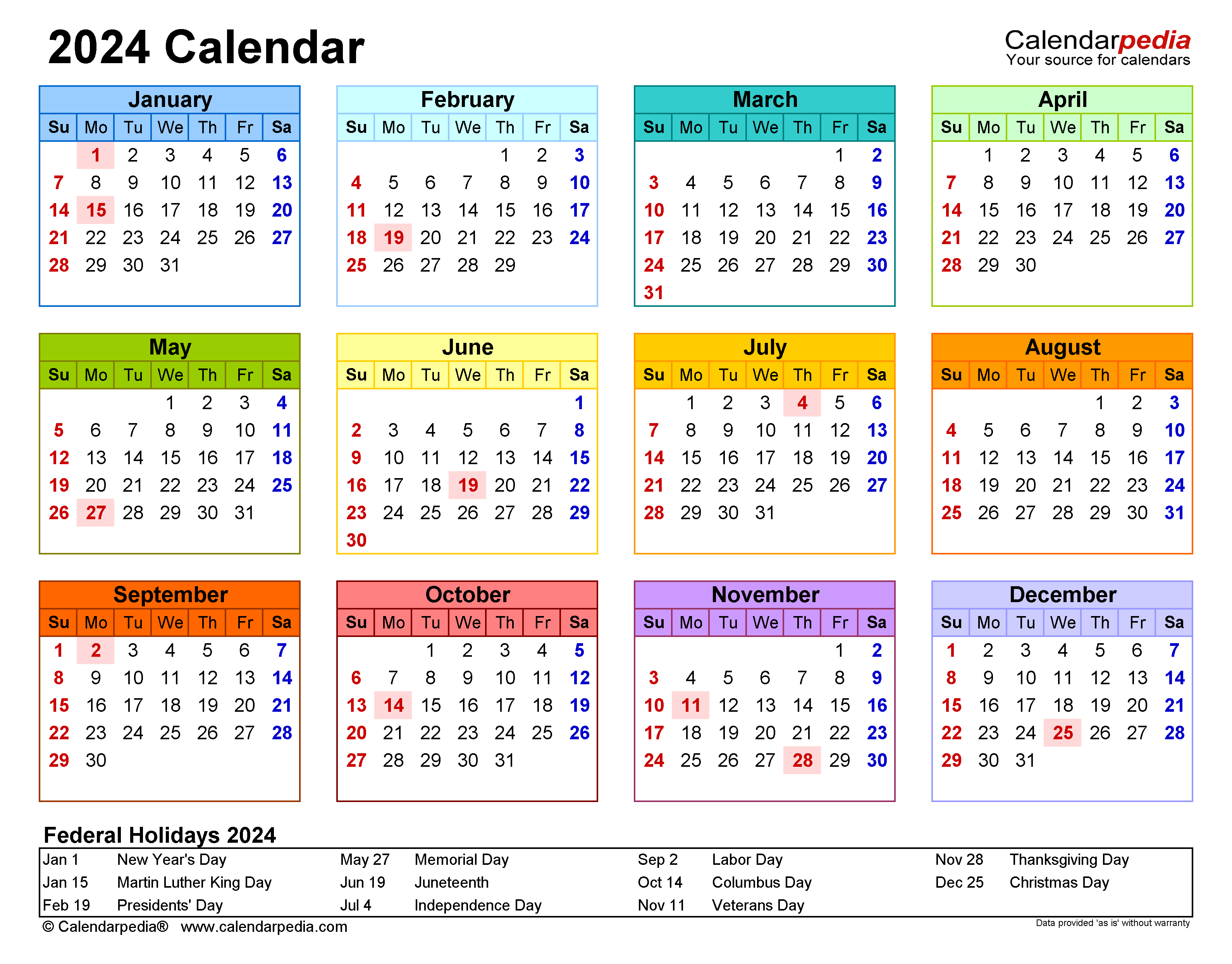 Printable Calendar 2024 - Free Printable 2024 Calendar With Sunday Holidays Usa
