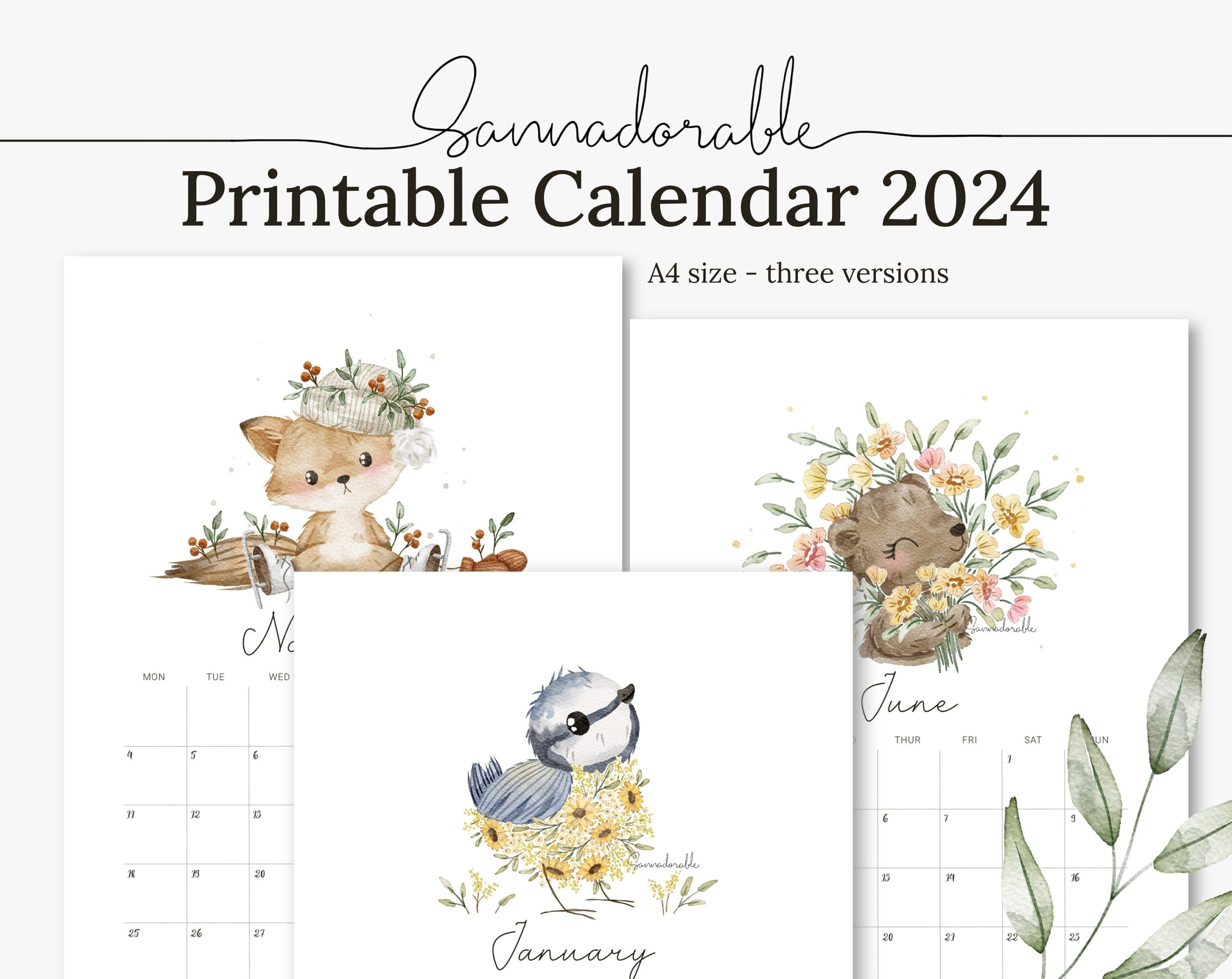 Printable Calendar 2024, Cute Watercolor Illustrations pertaining to Free Printable Calendar 2024 Oh So Lovely