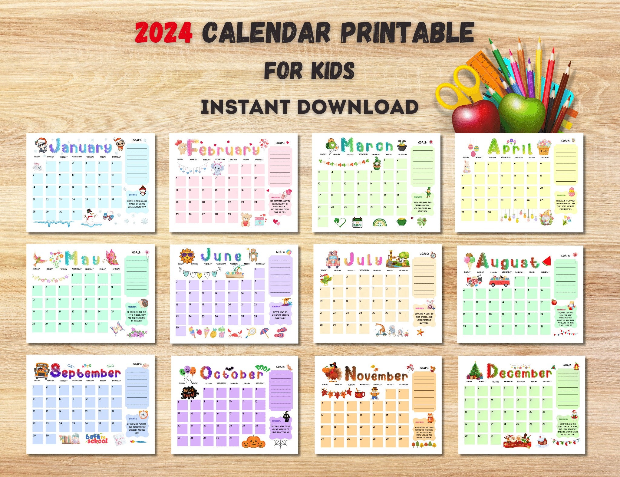 Printable Calendar 2024, Kids Calendar 2024, Homeschool Calendar pertaining to Free Printable Calendar 2024 Boys