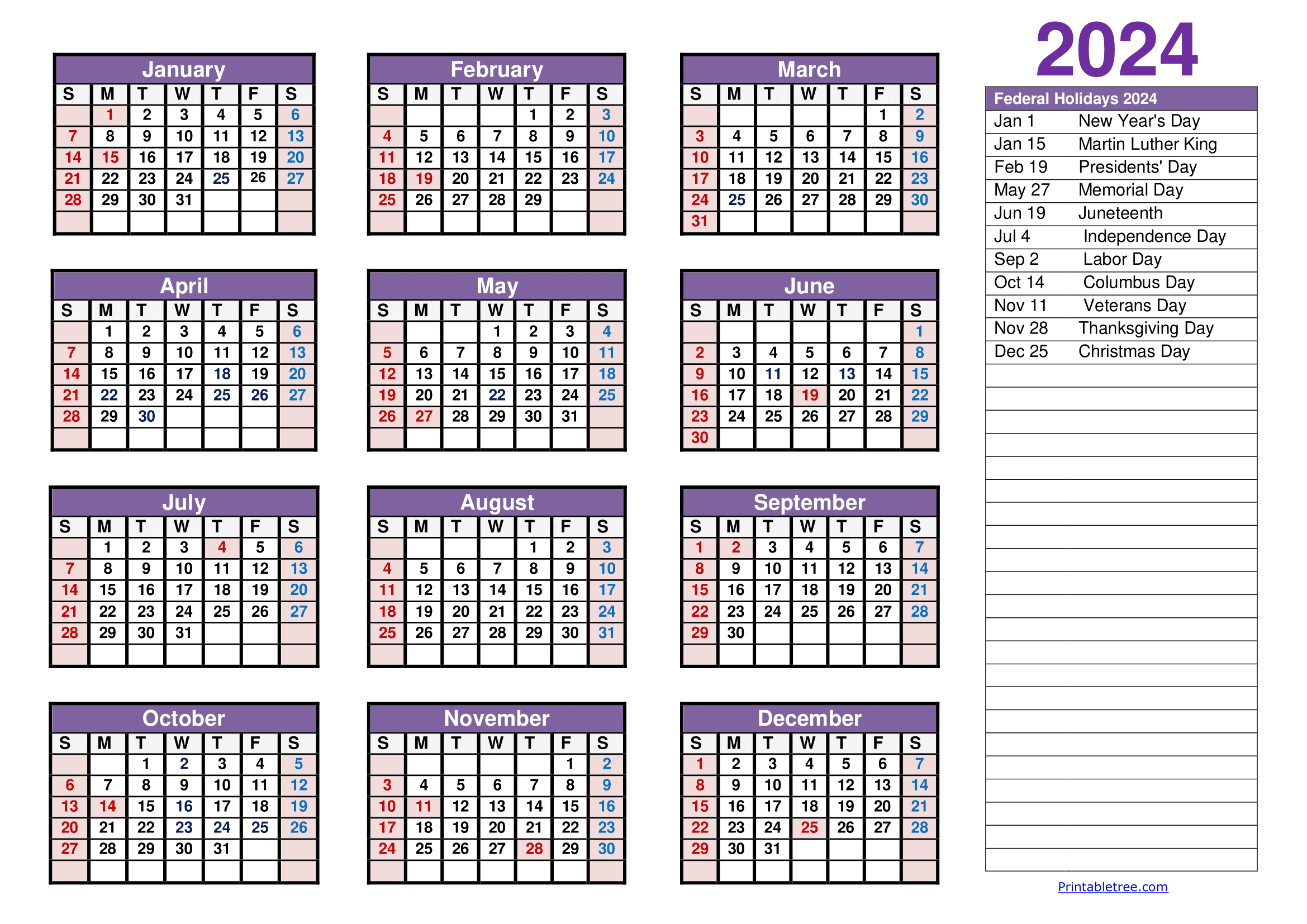 Printable Calendar 2024 One Page With Holidays Single Page 2024 - Free Printable 2024 Yearly Calendar With Holidays Pdf