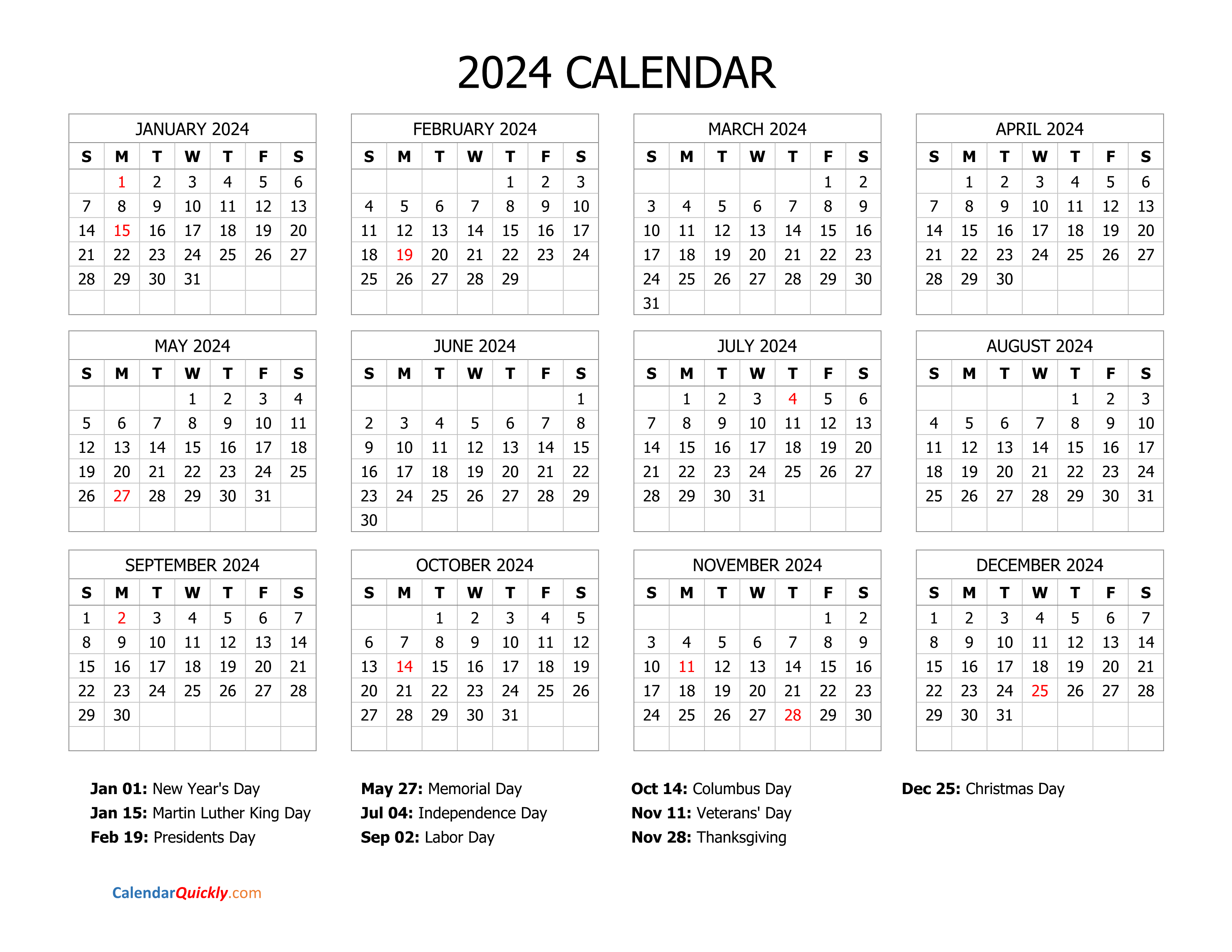 Printable Calendar 2024 With Holidays - Free Printable 2024 Calendar With Holidays Month By Month