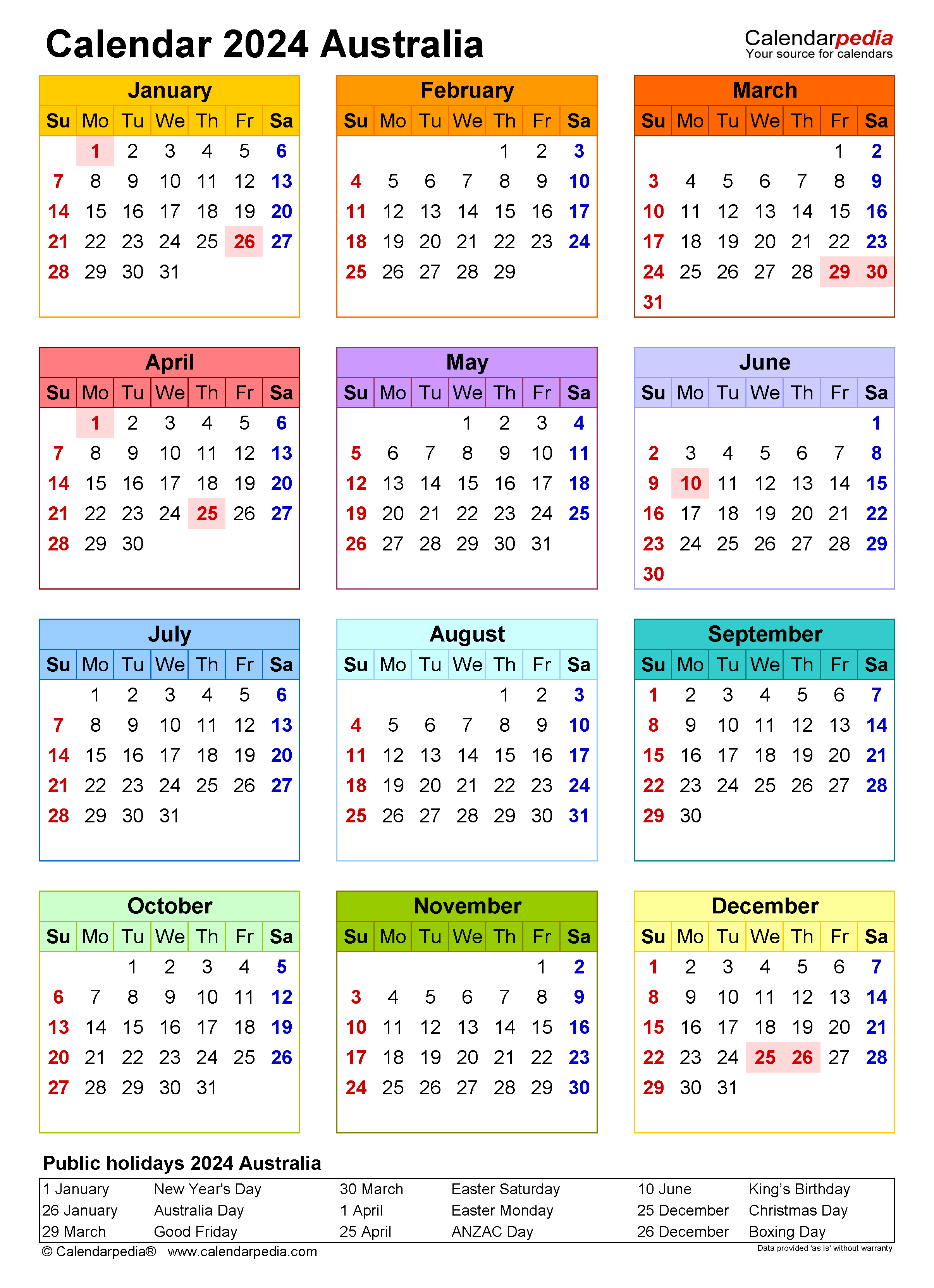 Printable Calendar 2024 With Holidays Printable World Holiday | Free Printable 2024 Calendar With Australian Holidays