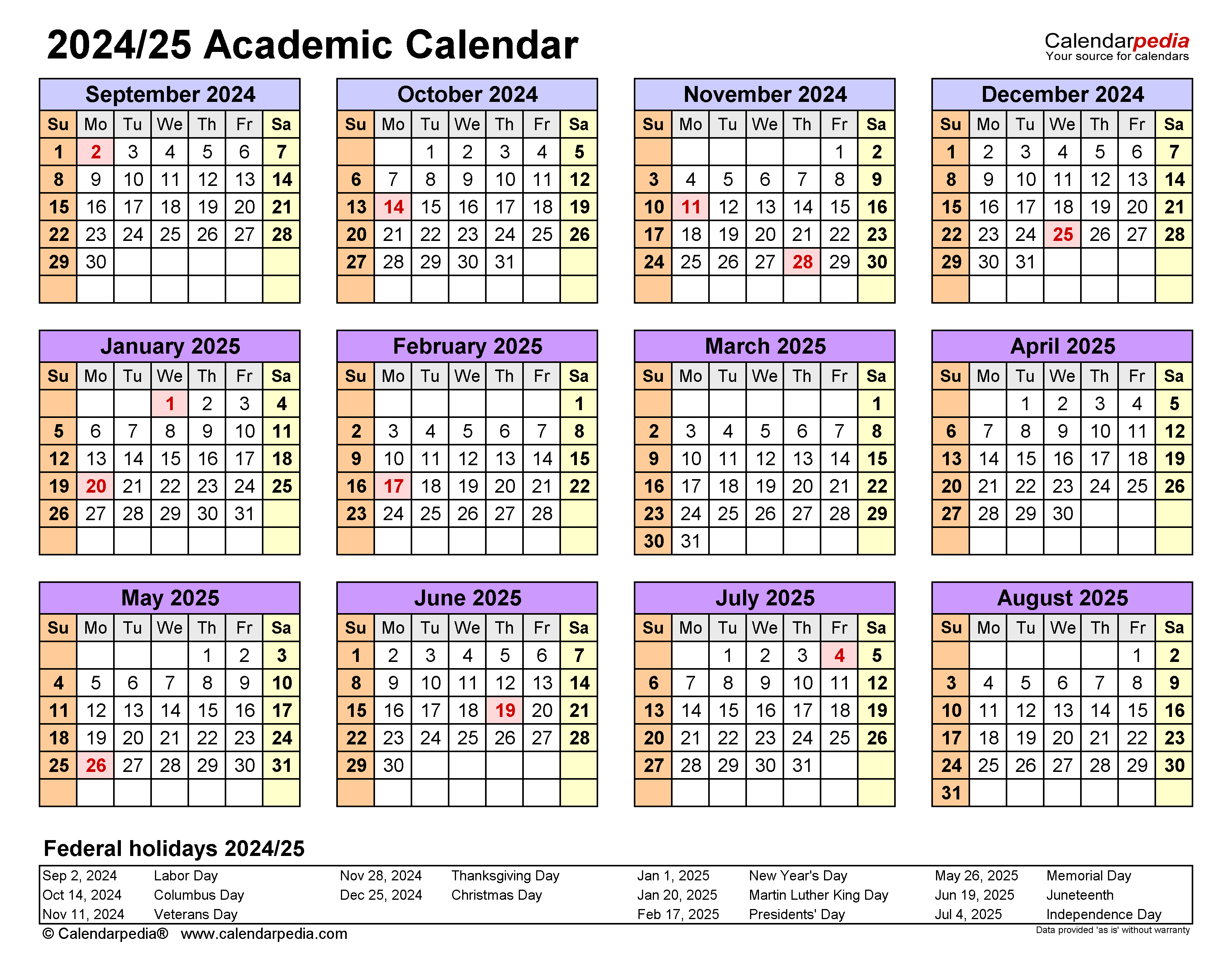 Printable Calendar Academic Year 2024 25 Celka Darlene - Free Printable 2024-2025 Academic Calendar
