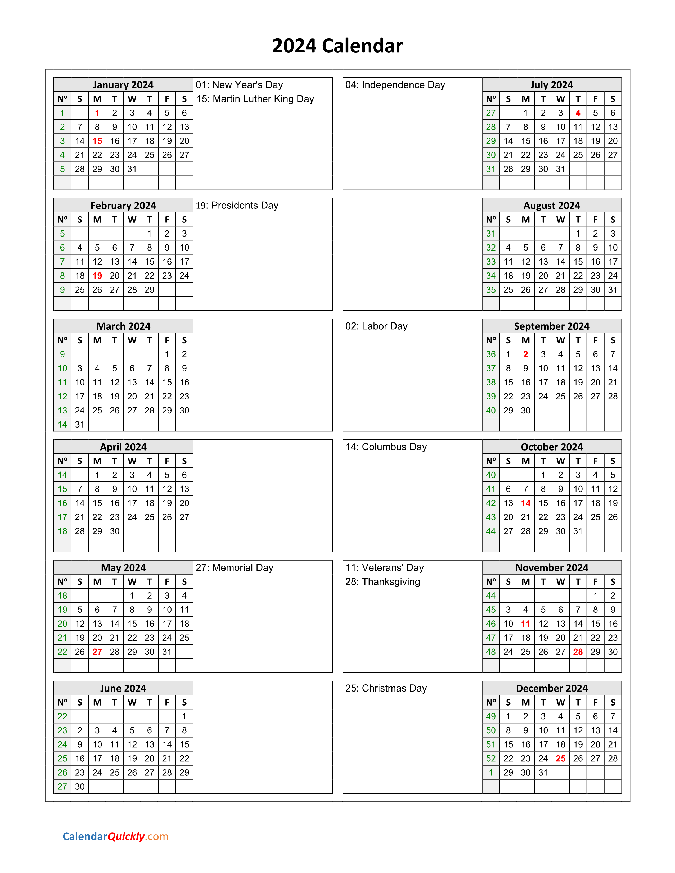 Printable Calendars 2024 Pdf Calendar 2024 With Federal Holidays - Free Printable 2024 Calendar With Holidays On One Page