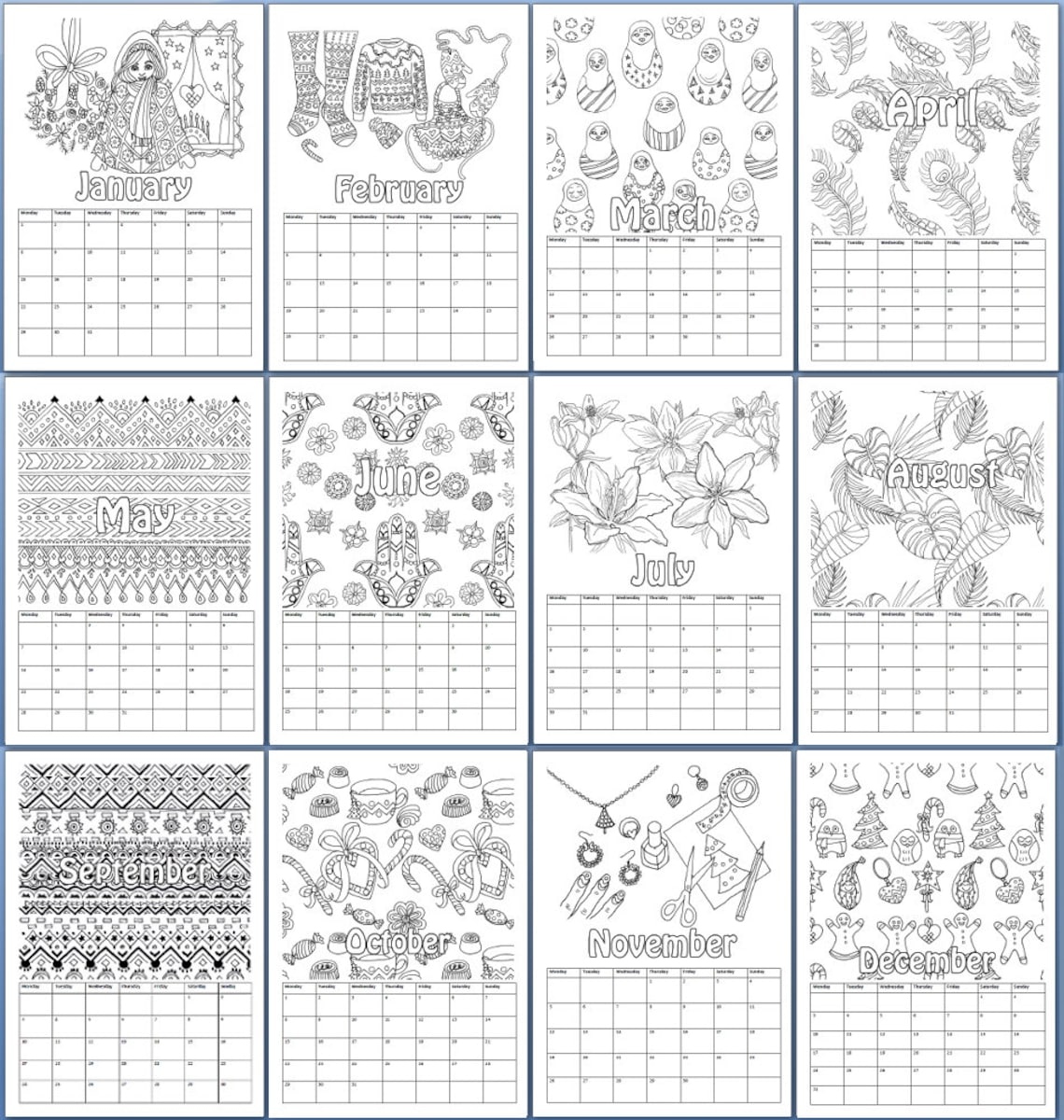 Printable Coloring Calendar 2023 2024 Patterns PDF Etsy - Free Printable 2024 Coloring Calendar For Adults Diy