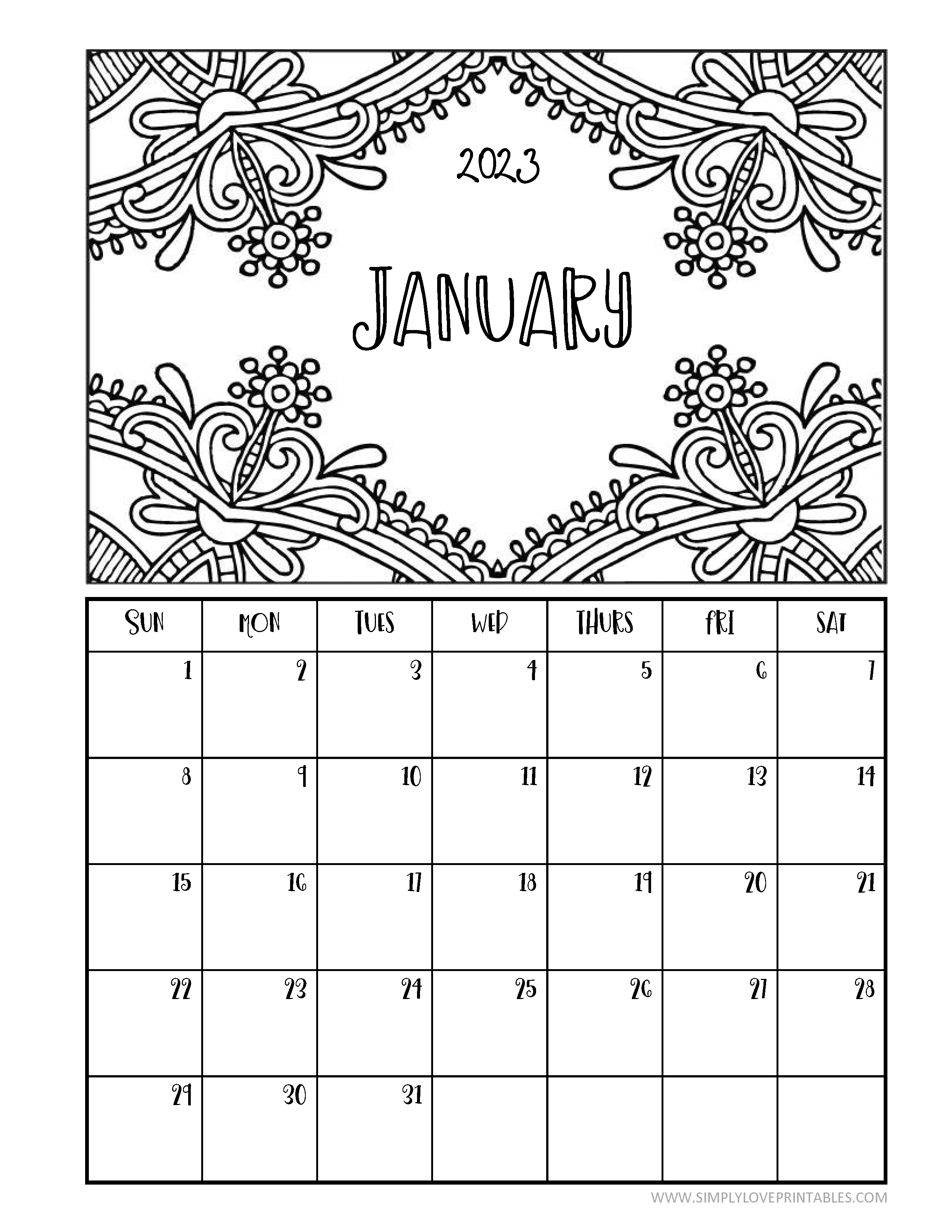 Printable Coloring Calendars For 2023 Simply Love Printables - Free Printable 2024 Coloring Calendar For Adults Diy
