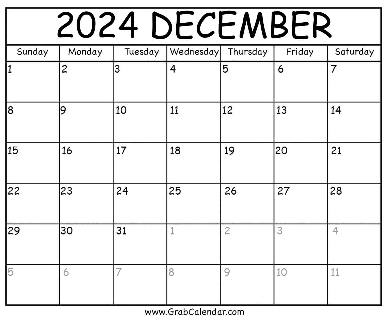 Printable December 2024 Calendar inside Free Printable Blank December Calendar 2024