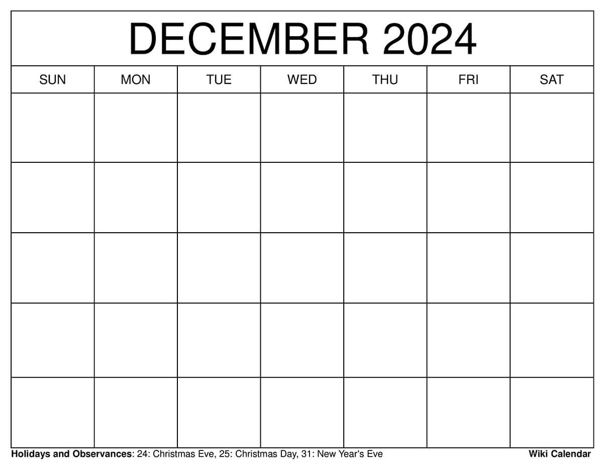 Printable December 2024 Calendar Templates With Holidays inside Free Printable Blank December 2024 Calendar