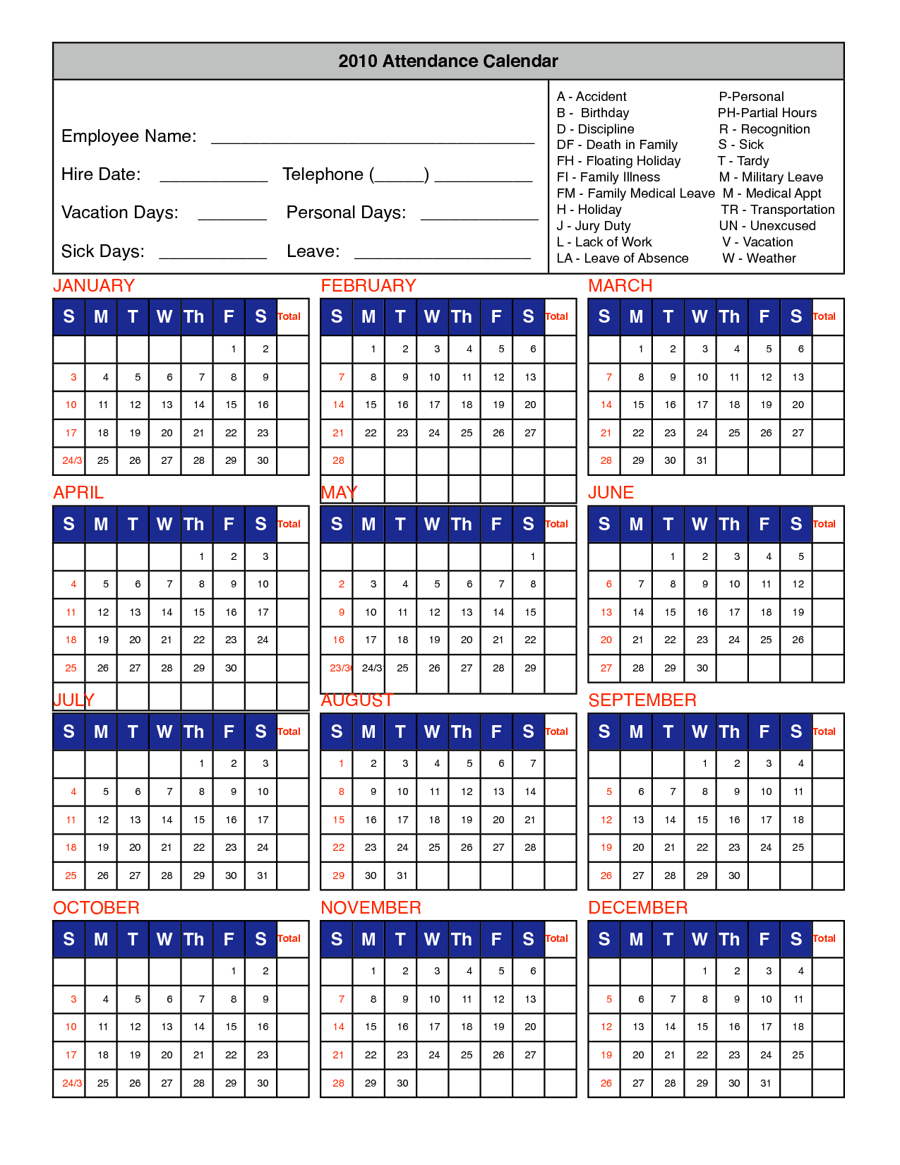 Printable Employee Attendance Calendar Printable Templates - Free Printable 2024 Employee Attendance Calendar