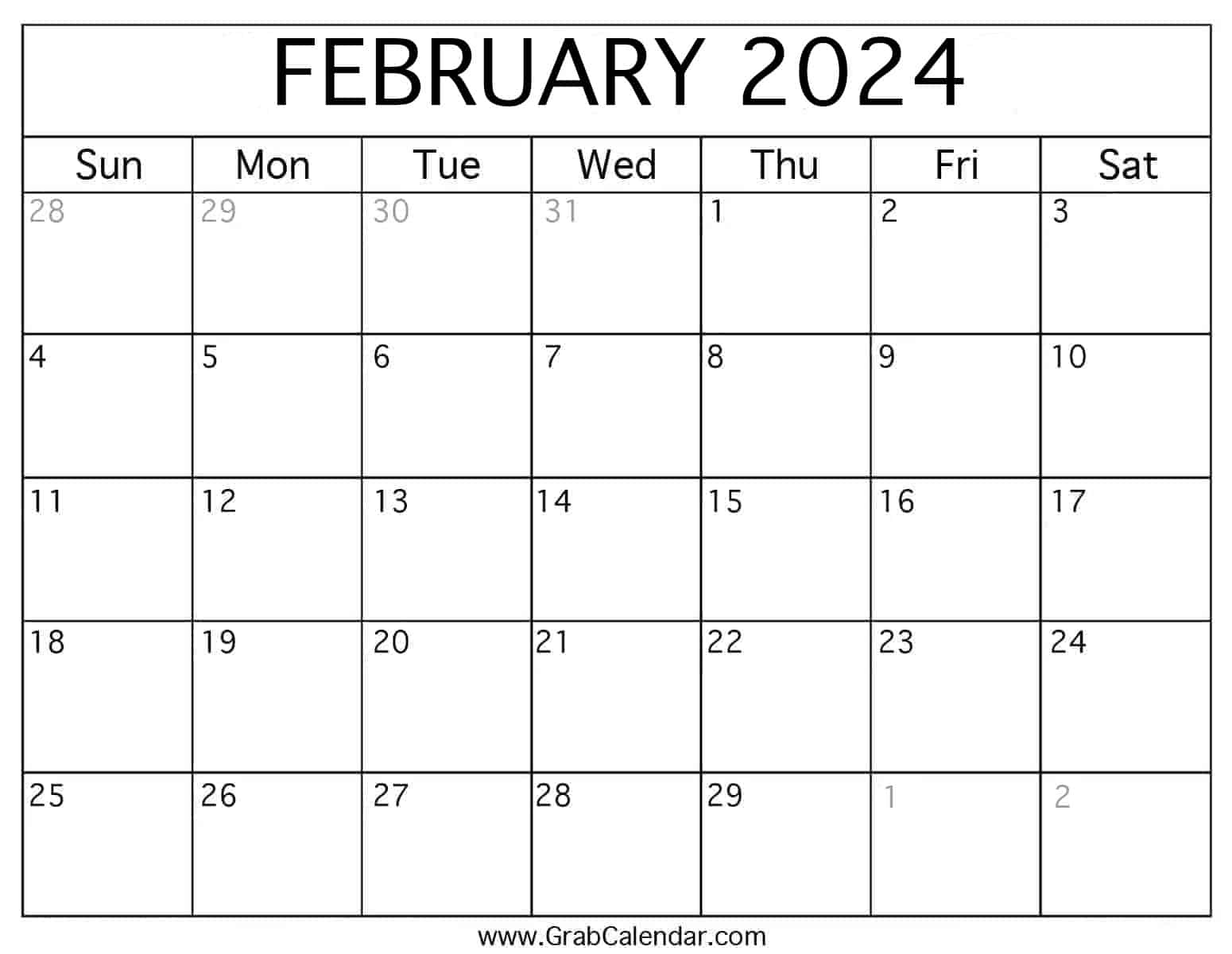 Printable February 2024 Calendar intended for Free Printable Blank February 2024 Calendar
