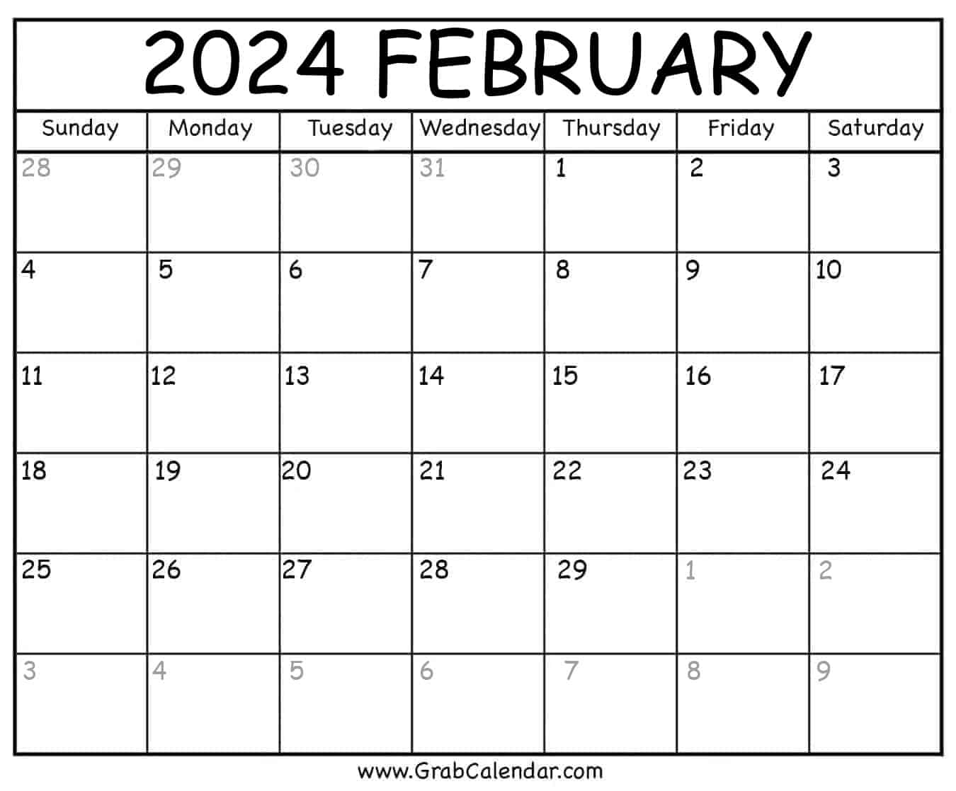 Printable February 2024 Calendar regarding Free Printable Blank February 2024 Calendar