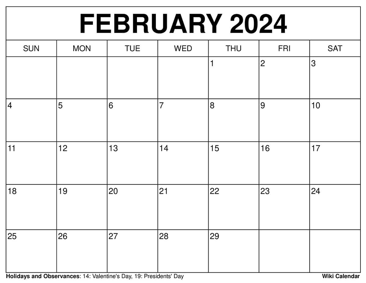 Printable February 2024 Calendar Templates With Holidays in Free Printable Blank February 2024 Calendar