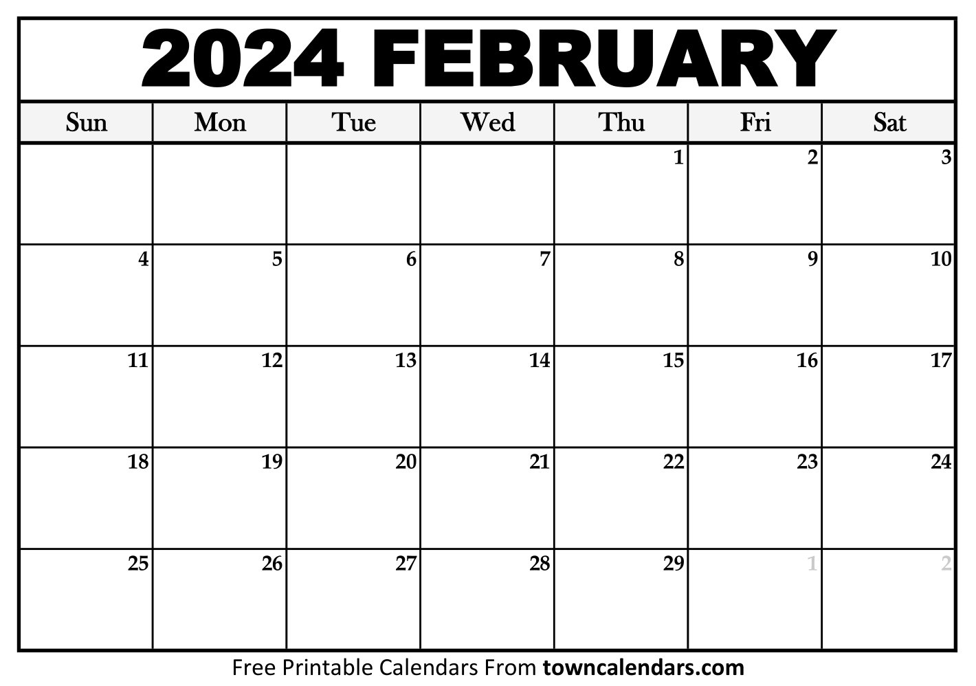 Printable February 2024 Calendar - Towncalendars within Free Printable Blank February 2024 Calendar