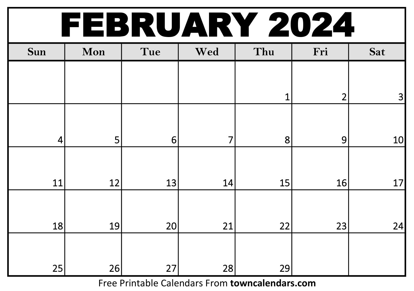 Printable February 2024 Calendar Towncalendars | Free Printable 2024 Calendar From Towncalendars
