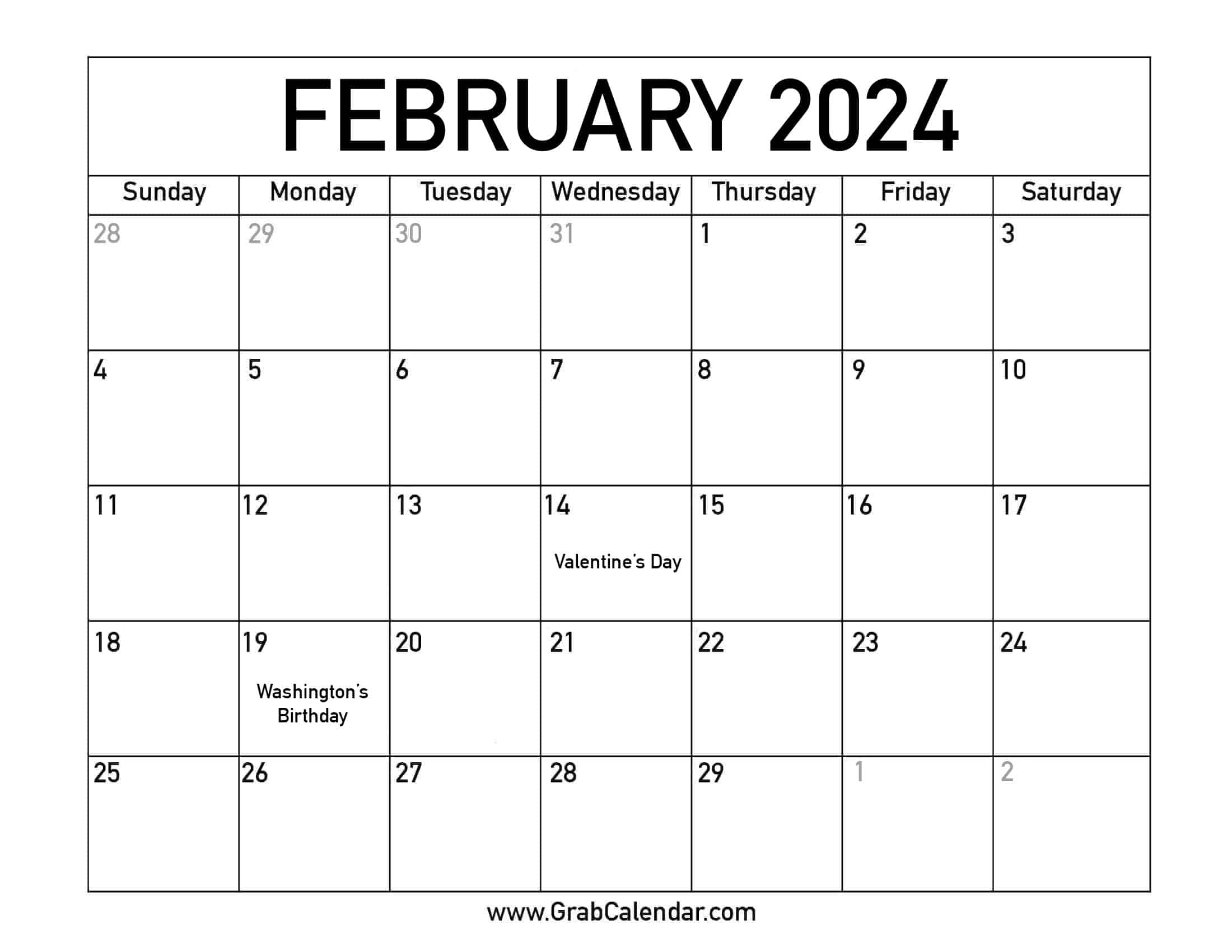 Printable February 2024 Calendar With Holidays Afton Ardenia - Free Printable 2024 Monthly Calendar With Holidays Editable