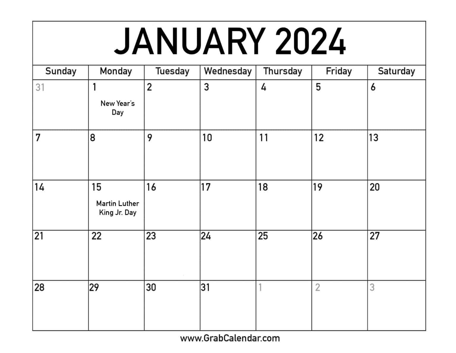 Printable January 2024 Calendar - Free Printable 2024 Calendar January
