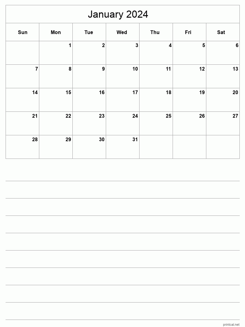 Printable January 2024 Calendar Half Page With Notesheet - Free Printable 2024 Monthly Calendar Half Sheet
