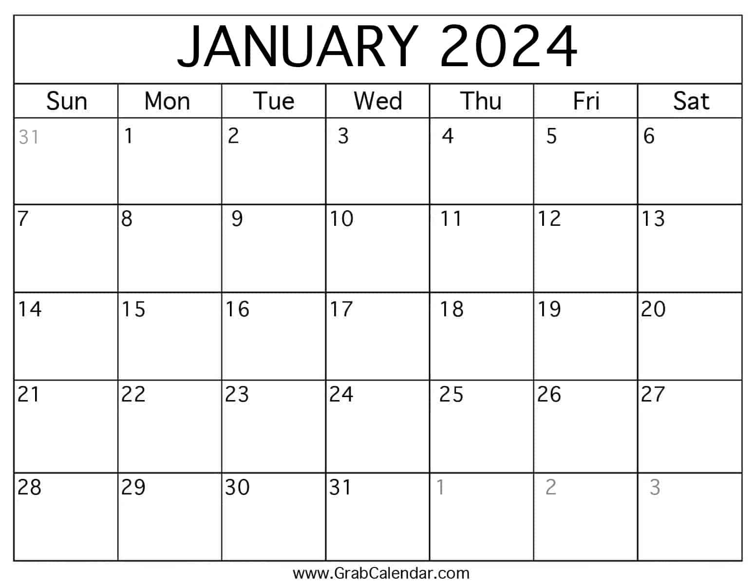 Printable January 2024 Calendar inside Free Printable Blank Calendar January 2024 Calendar Template