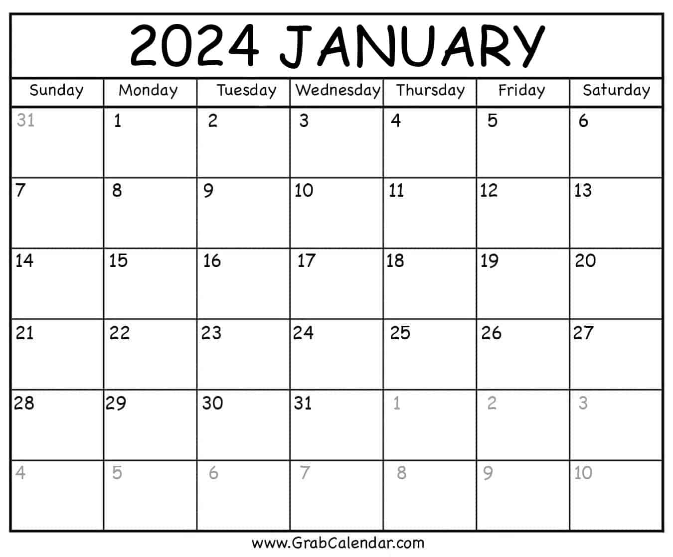 Printable January 2024 Calendar regarding Free Printable Blank Calendar January 2024