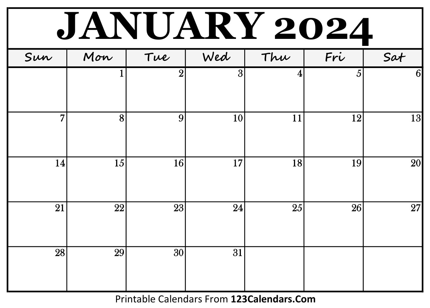 Printable January 2024 Calendar Templates - 123Calendars in Free Printable Blank Calendar January 2024
