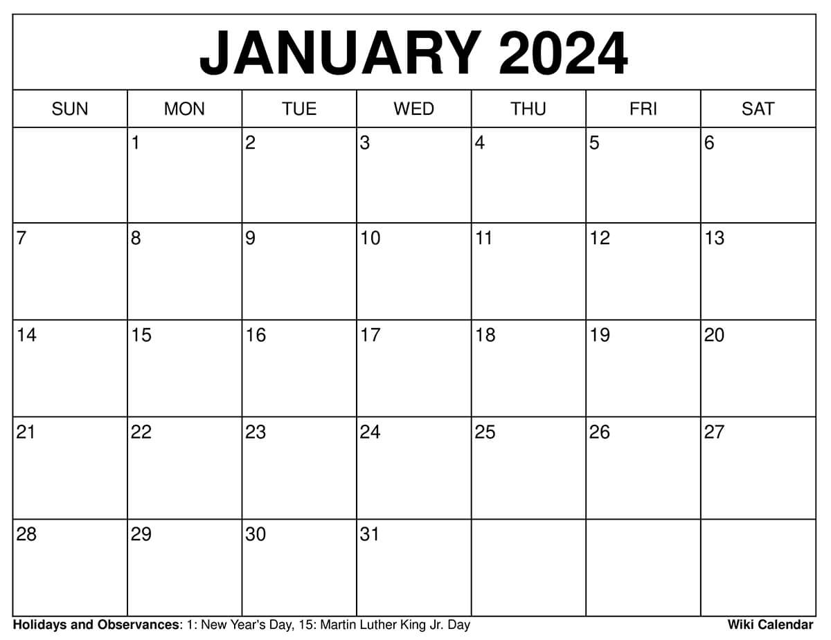 Printable January 2024 Calendar Templates With Holidays for Free Printable Blank Calendar 2024 Pdf