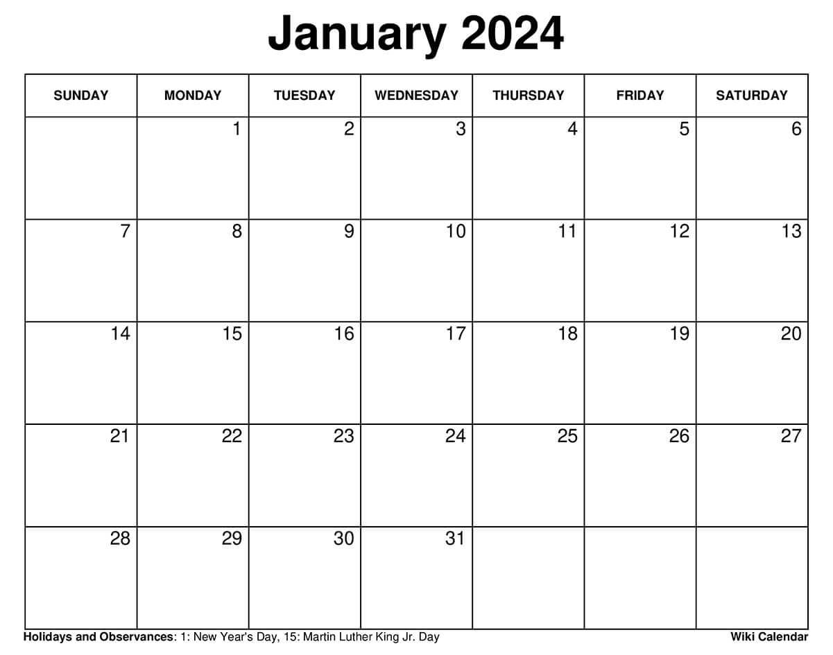 Printable January 2024 Calendar Templates With Holidays for Free Printable Blank Calendar January 2024