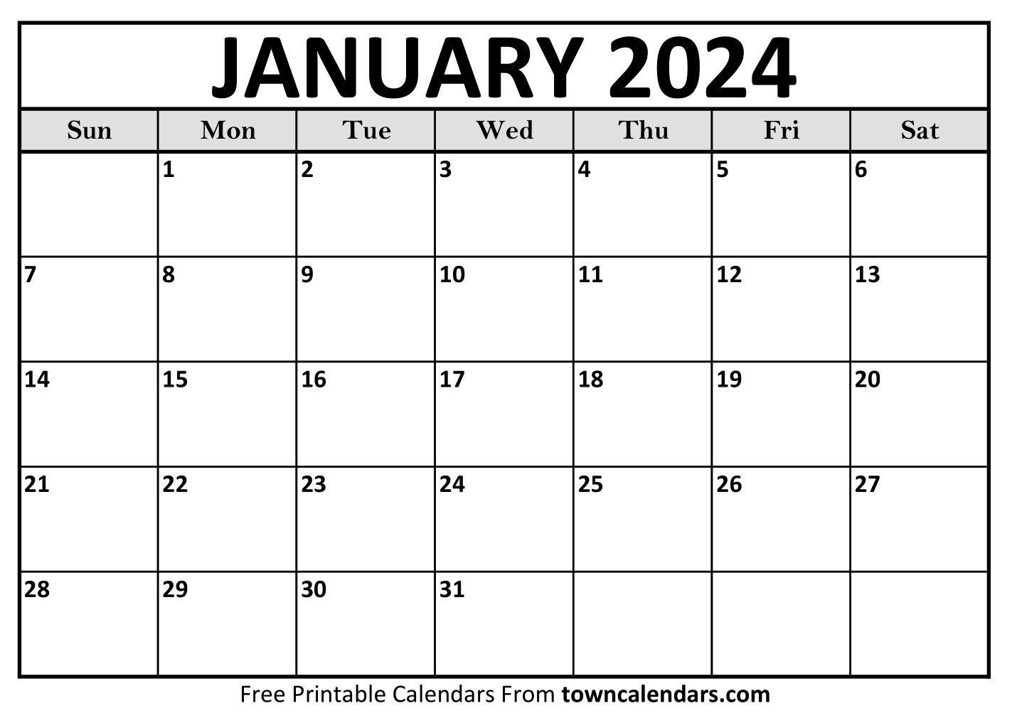 Printable January 2024 Calendar Towncalendars - Free Printable 2024 Calendar From Towncalendars