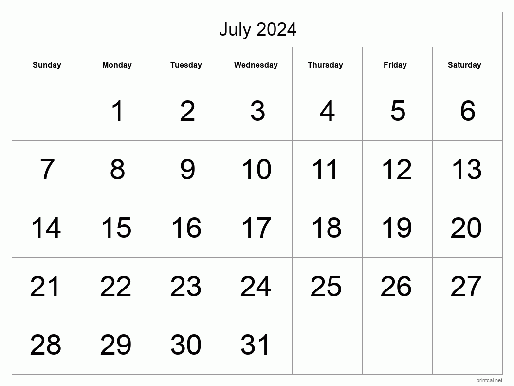 Printable July 2024 Calendar Big Dates - Free Printable 2024 July Calendar