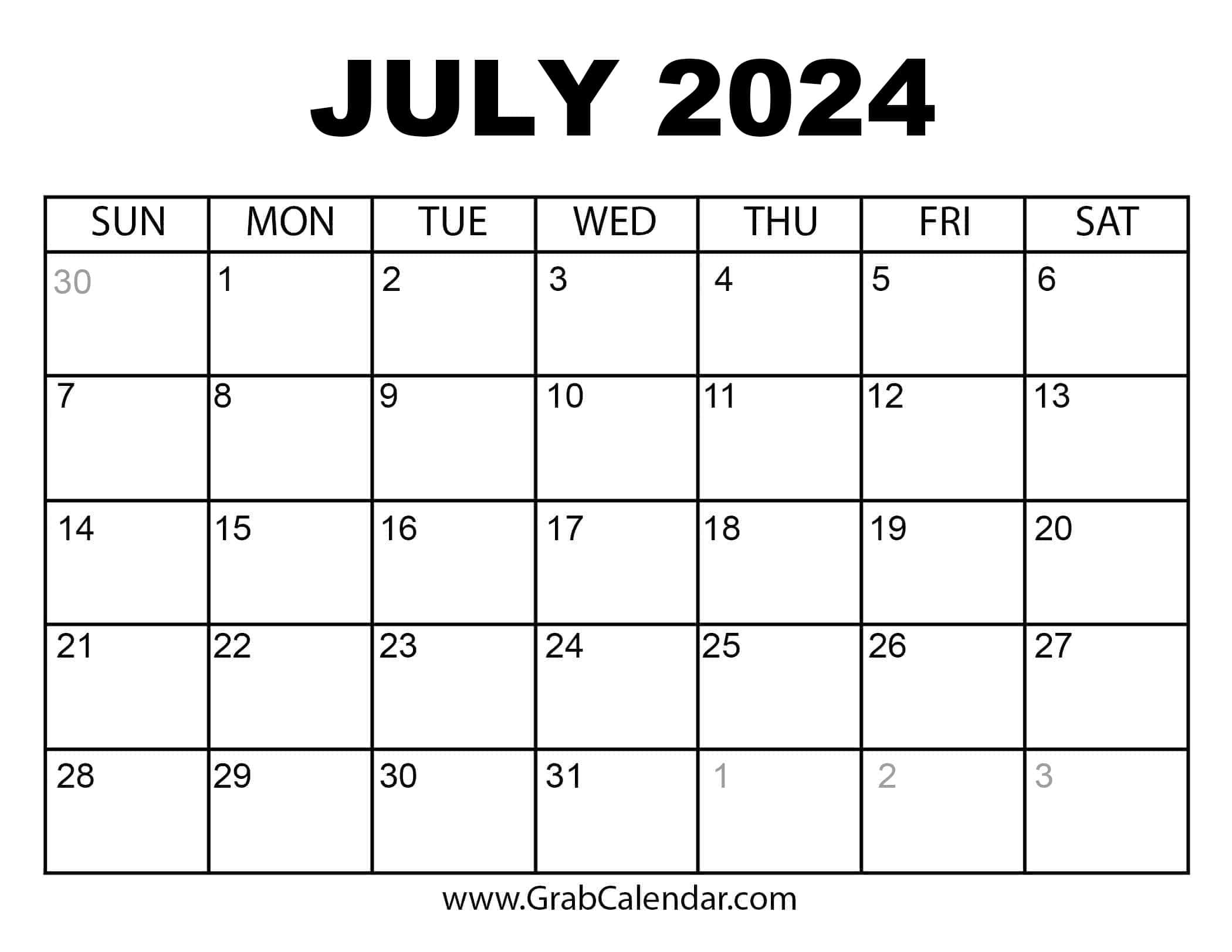 Printable July 2024 Calendar throughout Free Printable Blank July 2024 Calendar