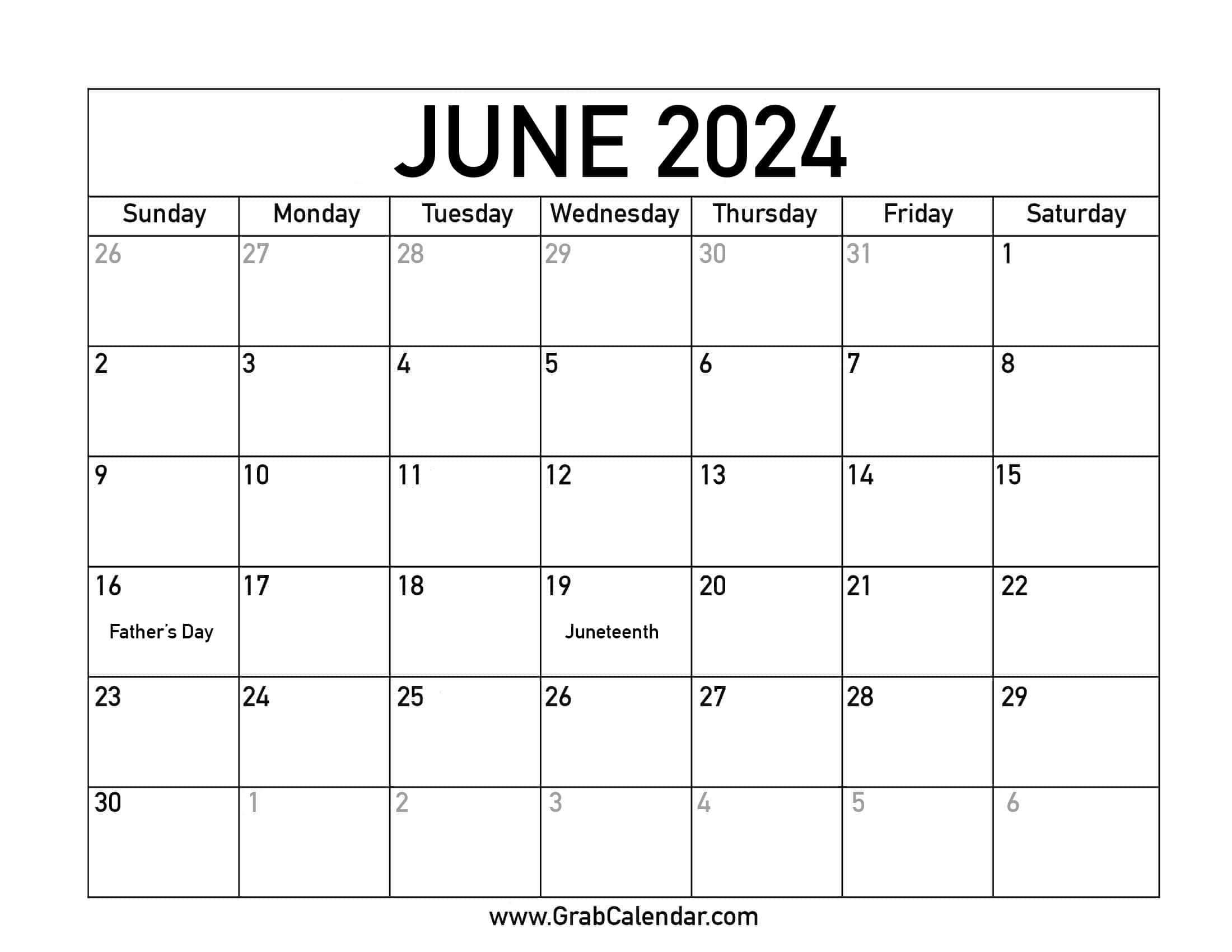 Printable June 2024 Calendar with regard to Free Printable Calendar 2024 June With Holidays