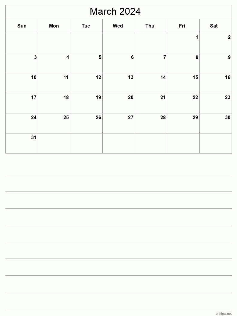 Printable March 2024 Calendar Free Printable Calendars - Free Printable 2024 Calendar With Blank Side For Notes