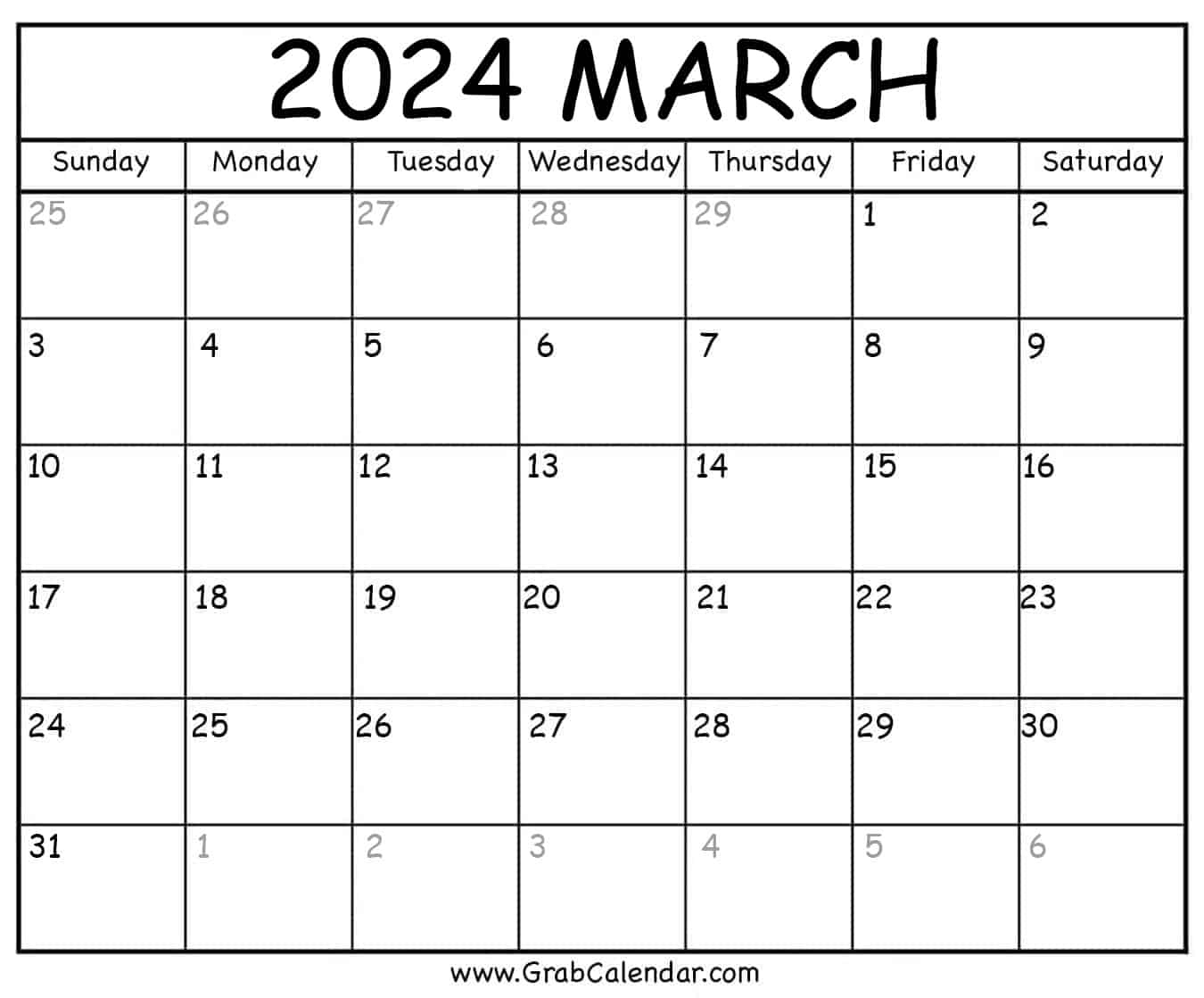 Printable March 2024 Calendar intended for Free Printable Blank Calendar March 2024