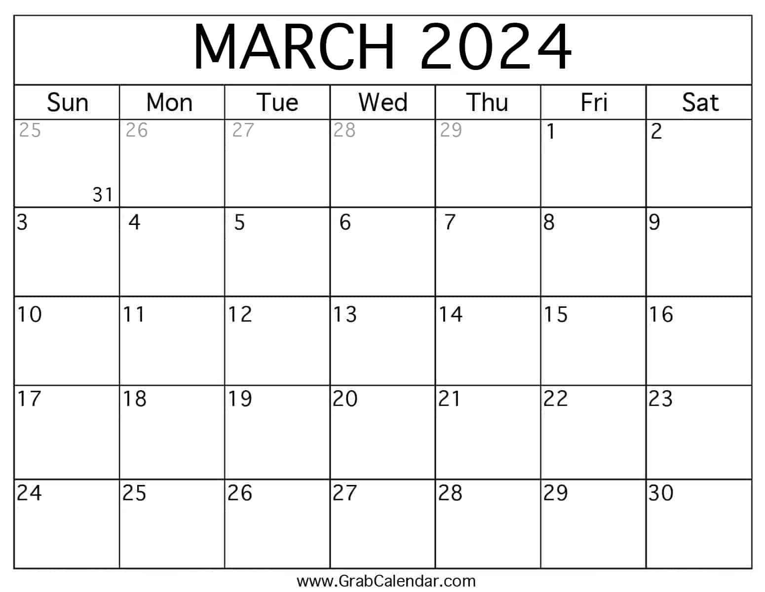 Printable March 2024 Calendar regarding Free Printable Blank March Calendar 2024