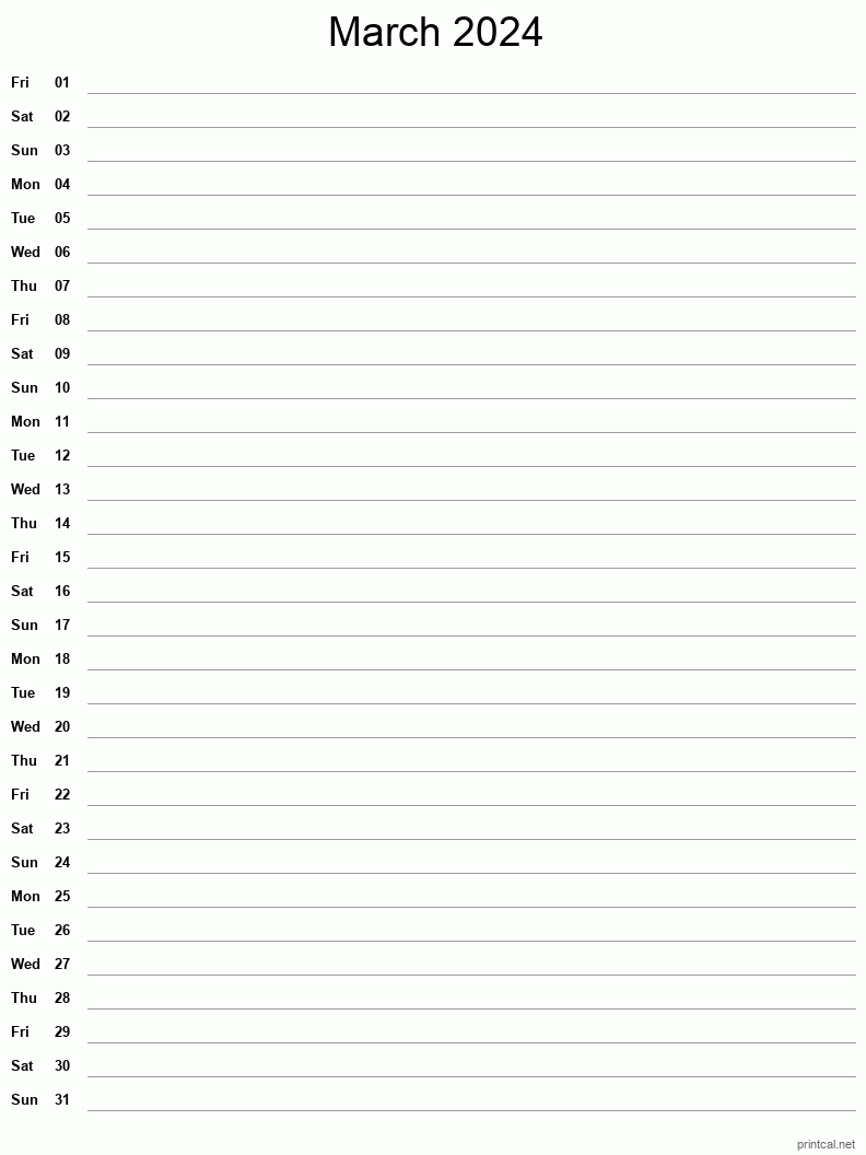 Printable March 2024 Calendar Single Column Notesheet - Free Printable 2024 Monthly Calendar March