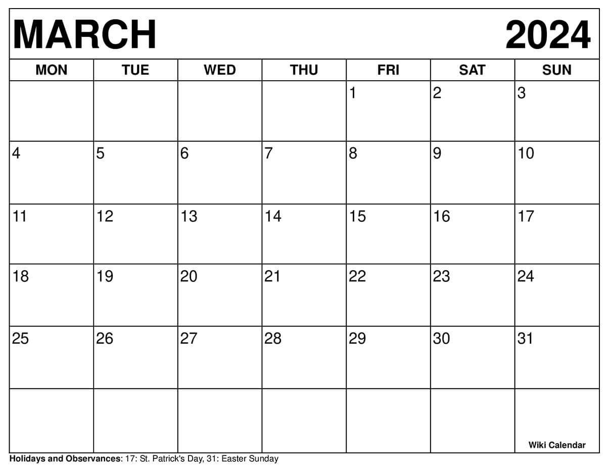 Printable March 2024 Calendar Templates With Holidays in Free Printable Calendar 2024 No Downloads March