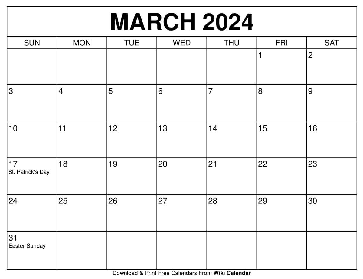 Printable March 2024 Calendar Templates With Holidays inside Free Printable Blank Calendar Templates 2024