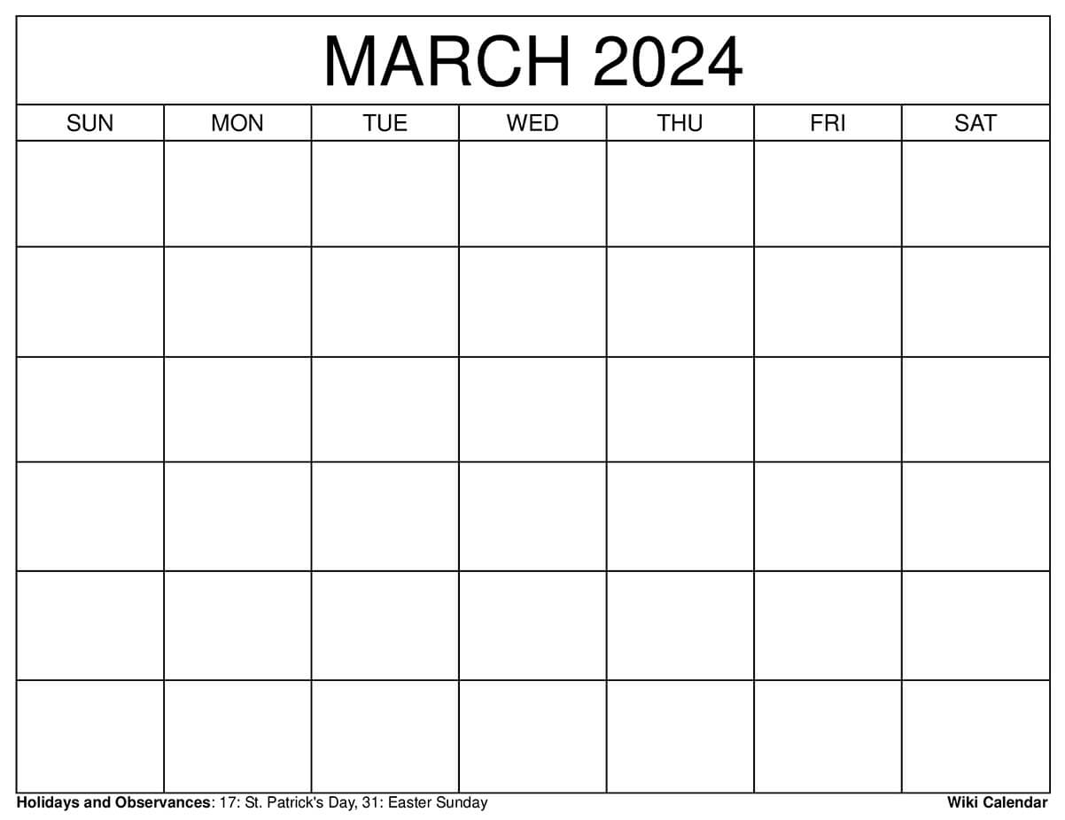 Printable March 2024 Calendar Templates With Holidays throughout Free Printable Blank March Calendar 2024
