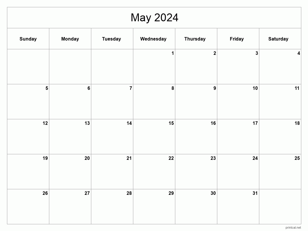 Printable May 2024 Calendar Classic Blank Sheet | Free Printable 2024 Monthly Calendar Without Holidays