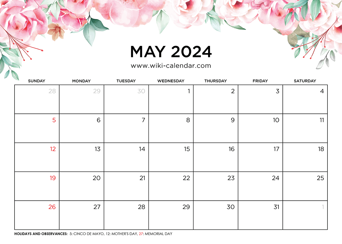 Printable May 2024 Calendar Templates With Holidays for Free Printable Blank May Calendar 2024