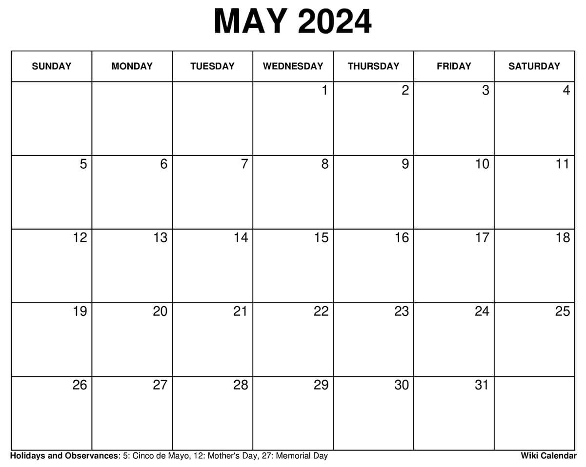 Printable May 2024 Calendar Templates With Holidays inside Free Printable Calendar 2024 May Through December
