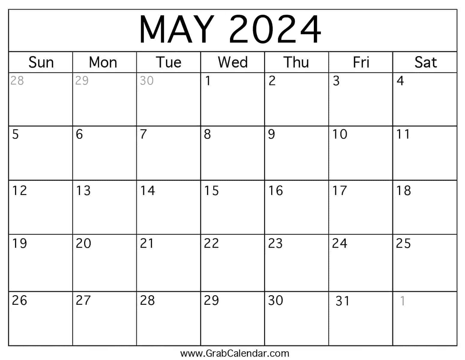 Printable May 2024 Calendar throughout Free Printable Blank May Calendar 2024