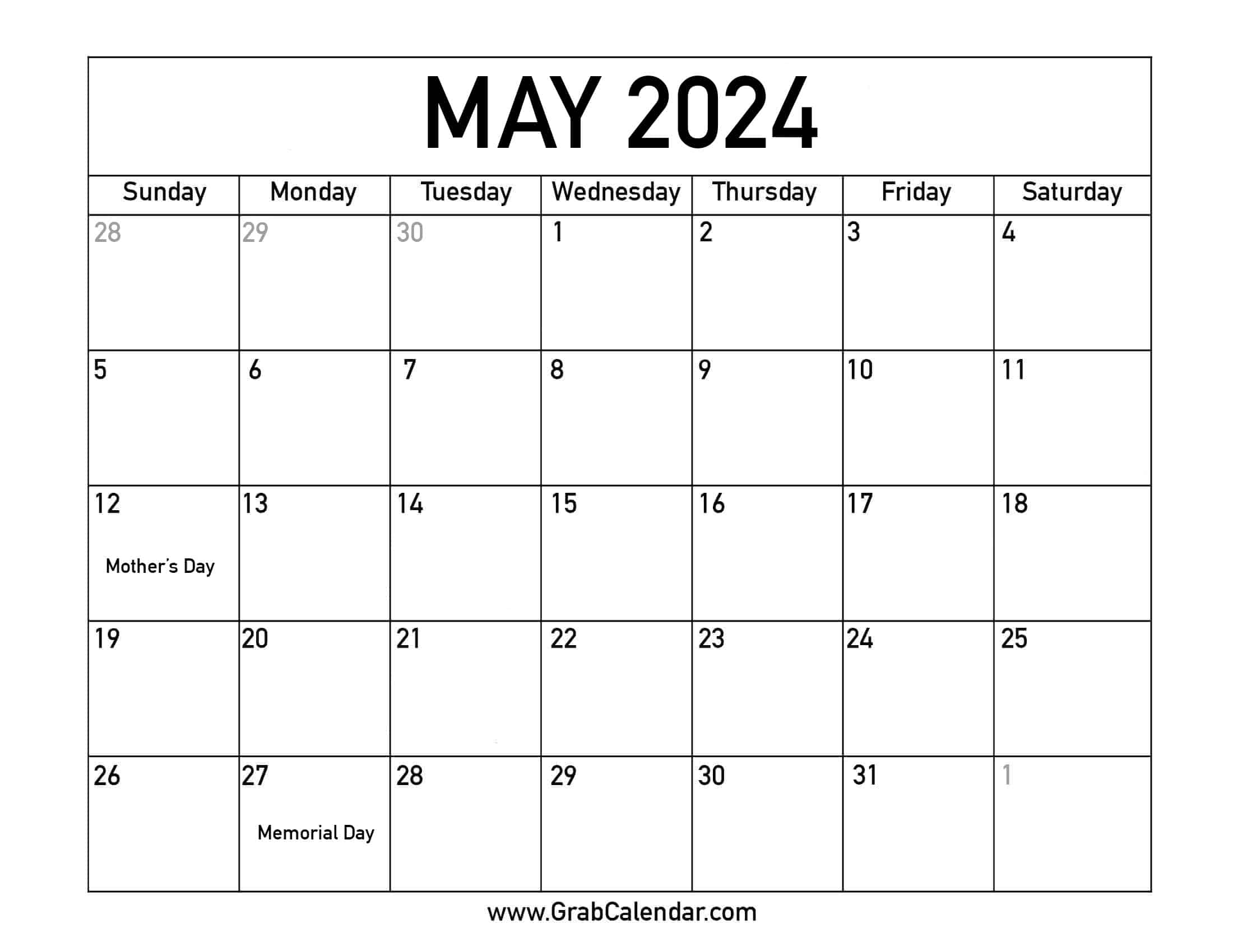 Printable May 2024 Calendar within Free Printable Calendar 2024 May With Holidays