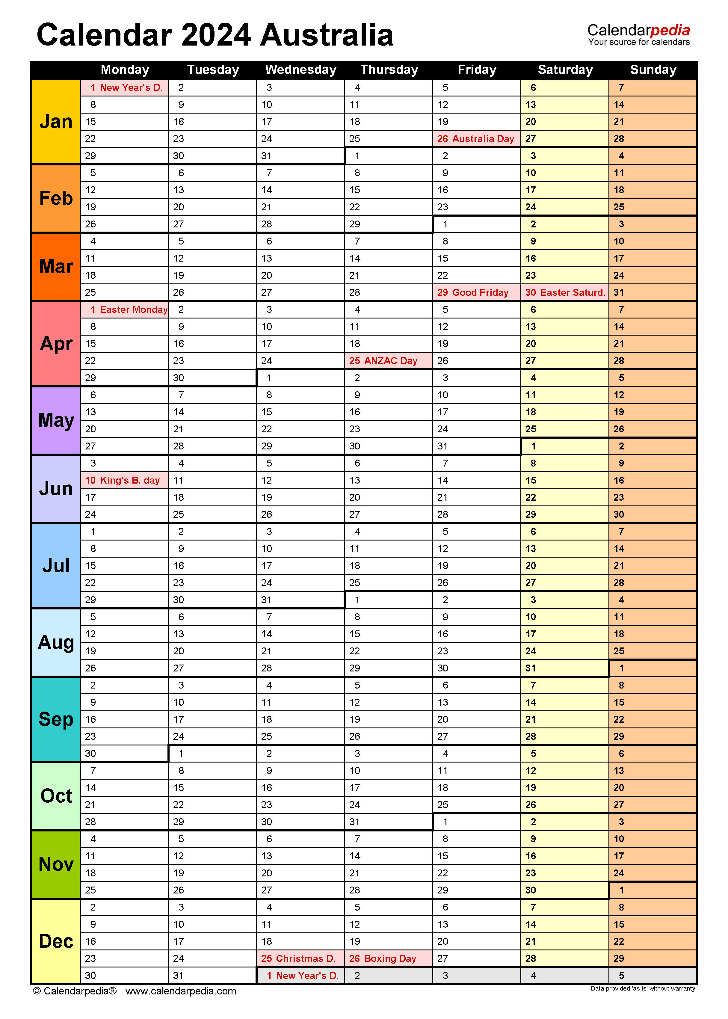 Printable Monthly 2024 Calendar 2024 Excel Monthly Calendar With - Free Printable 2024 Calendar Australia Monthly