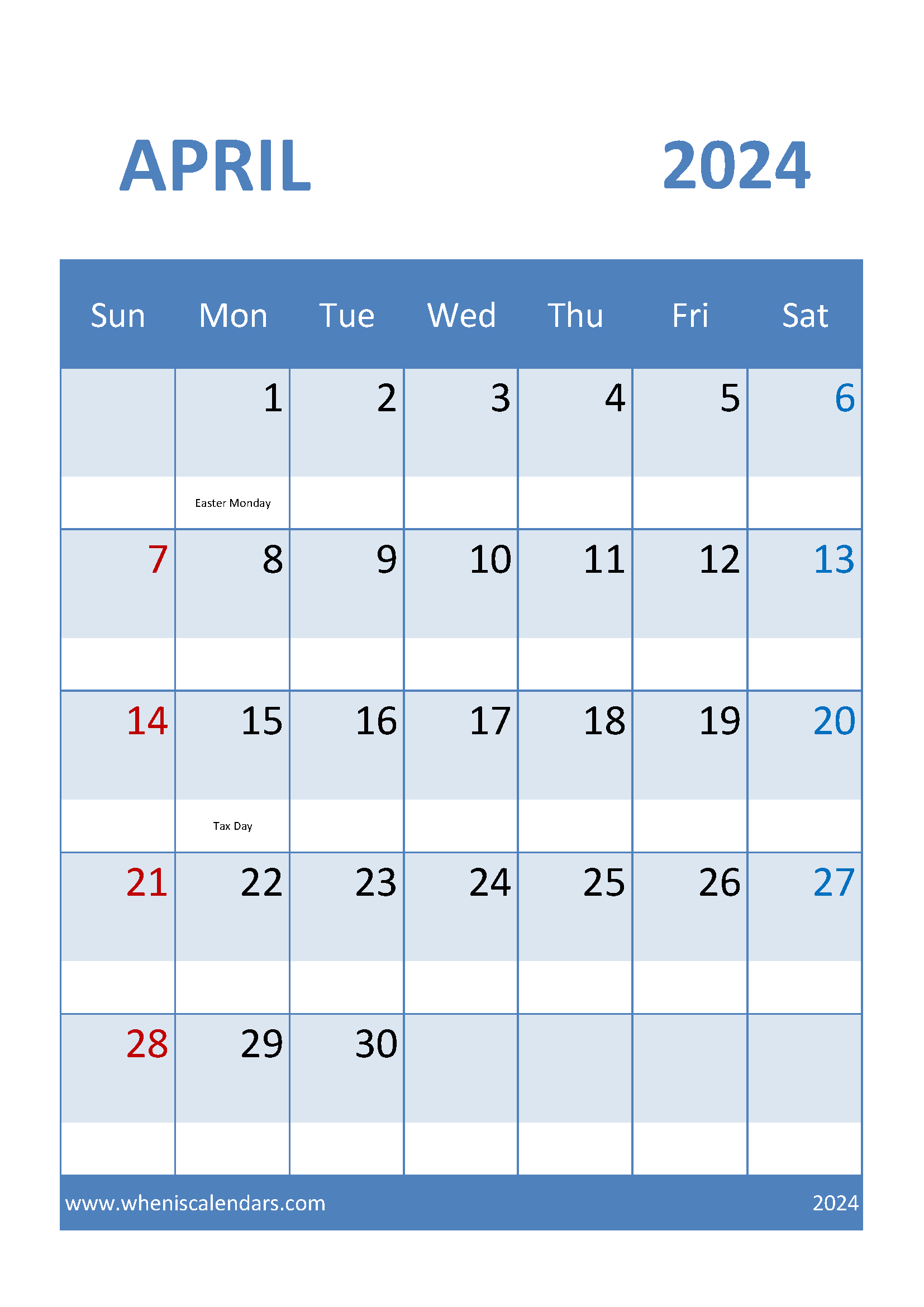 Printable Monthly Calendar April 2024 A4037 for Free Printable April 2024 Calendar Waterproof
