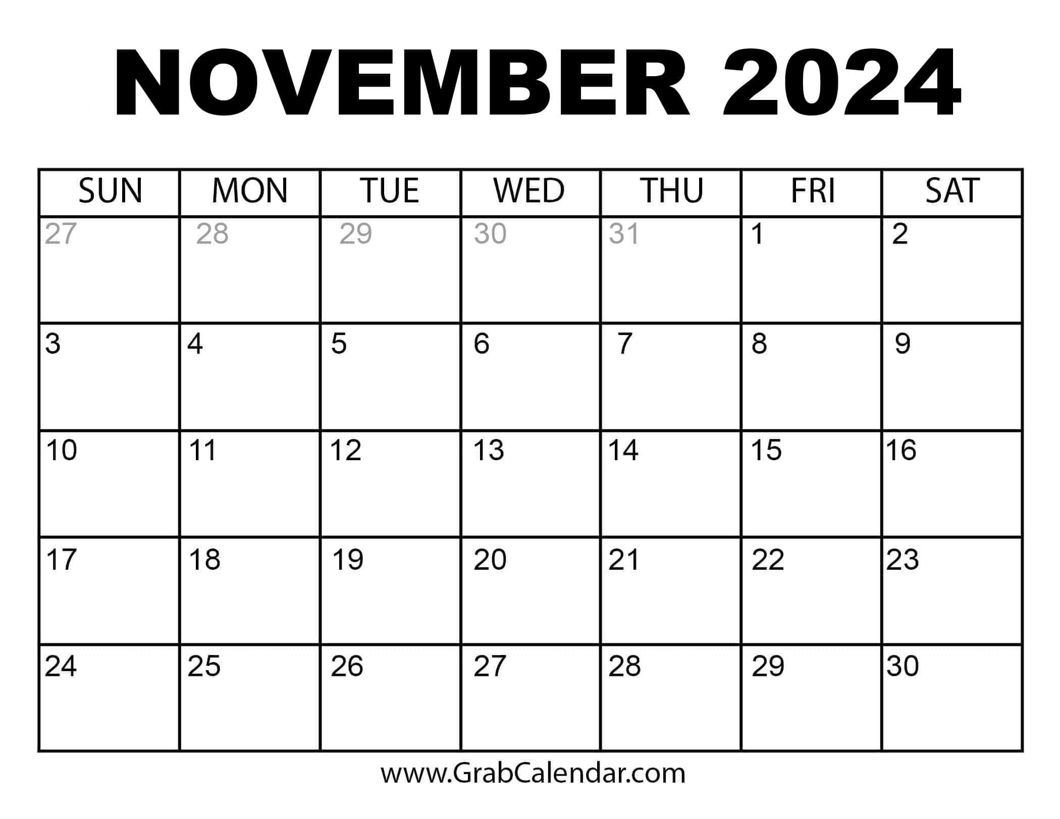 Printable November 2024 Calendar for Free Printable Calendar 2024 November