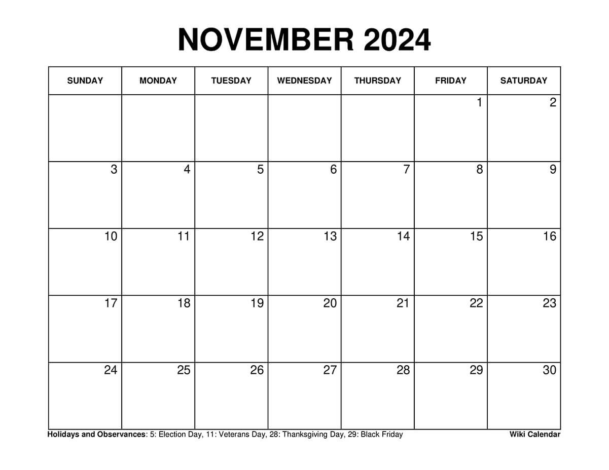 Printable November 2024 Calendar Templates With Holidays - Wiki in Free Printable Blank Calendar 2024 November