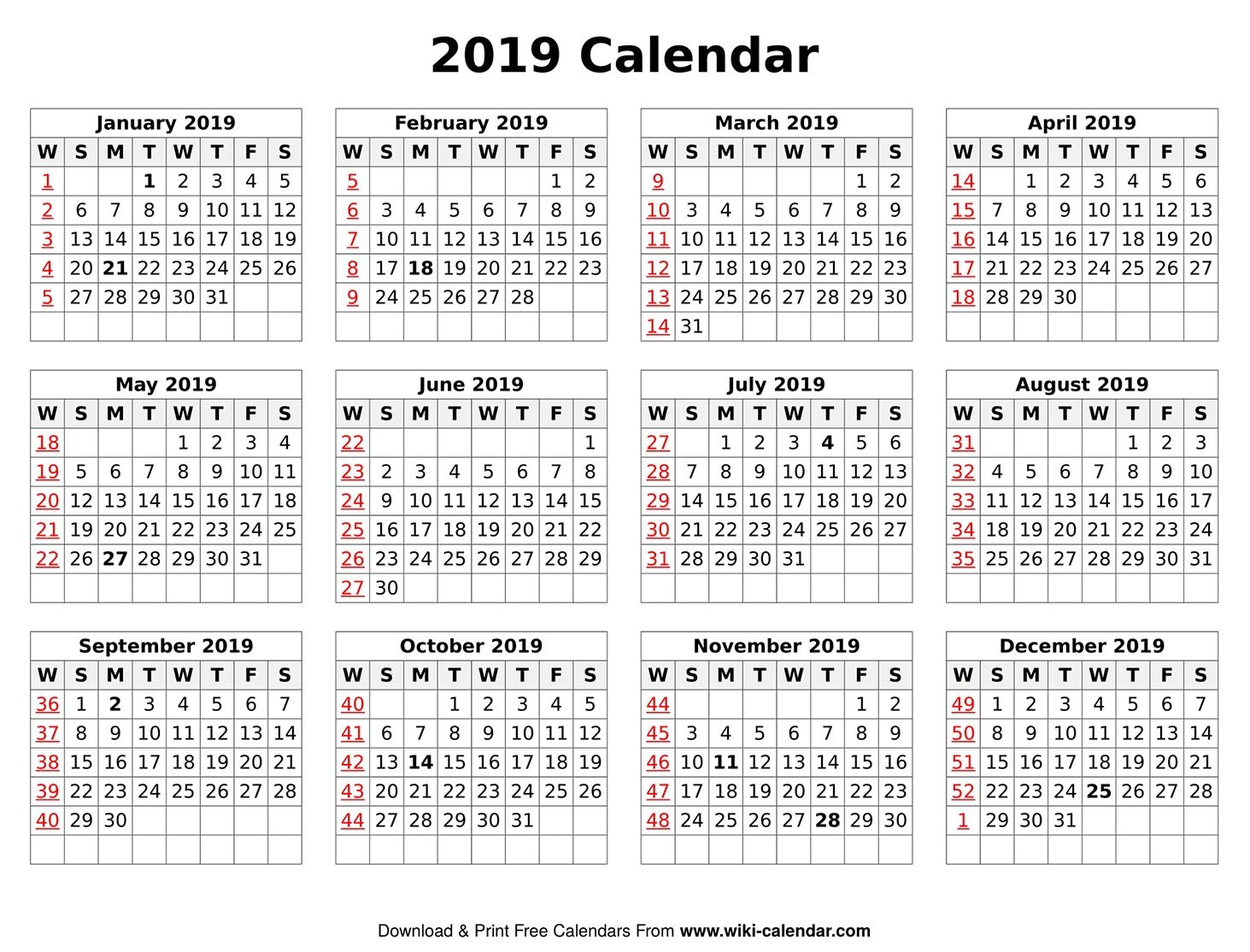 Printable Yearly 2019 Calendar Printable | Calendar Printables in Free Printable Calendar 2024 Wiki Calendar