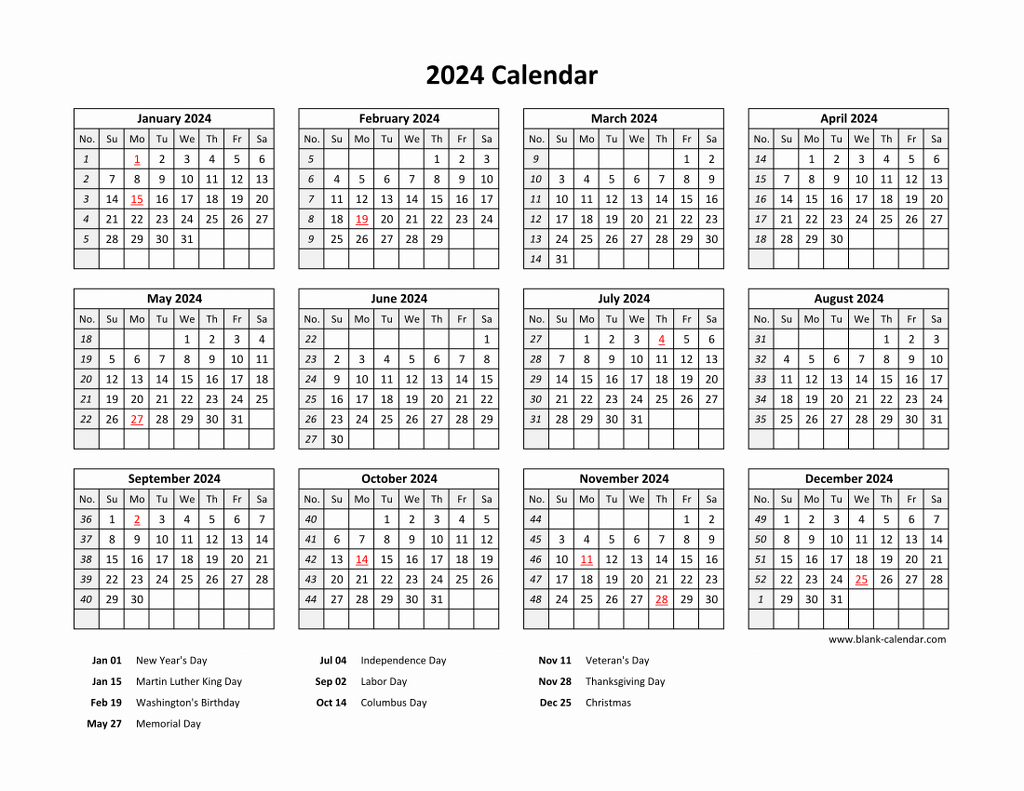 Printable Yearly Calendar 2024 With Holidays 2024 Calendar With Week - Free Printable 2024 Calendar With Federal Holidays Usa