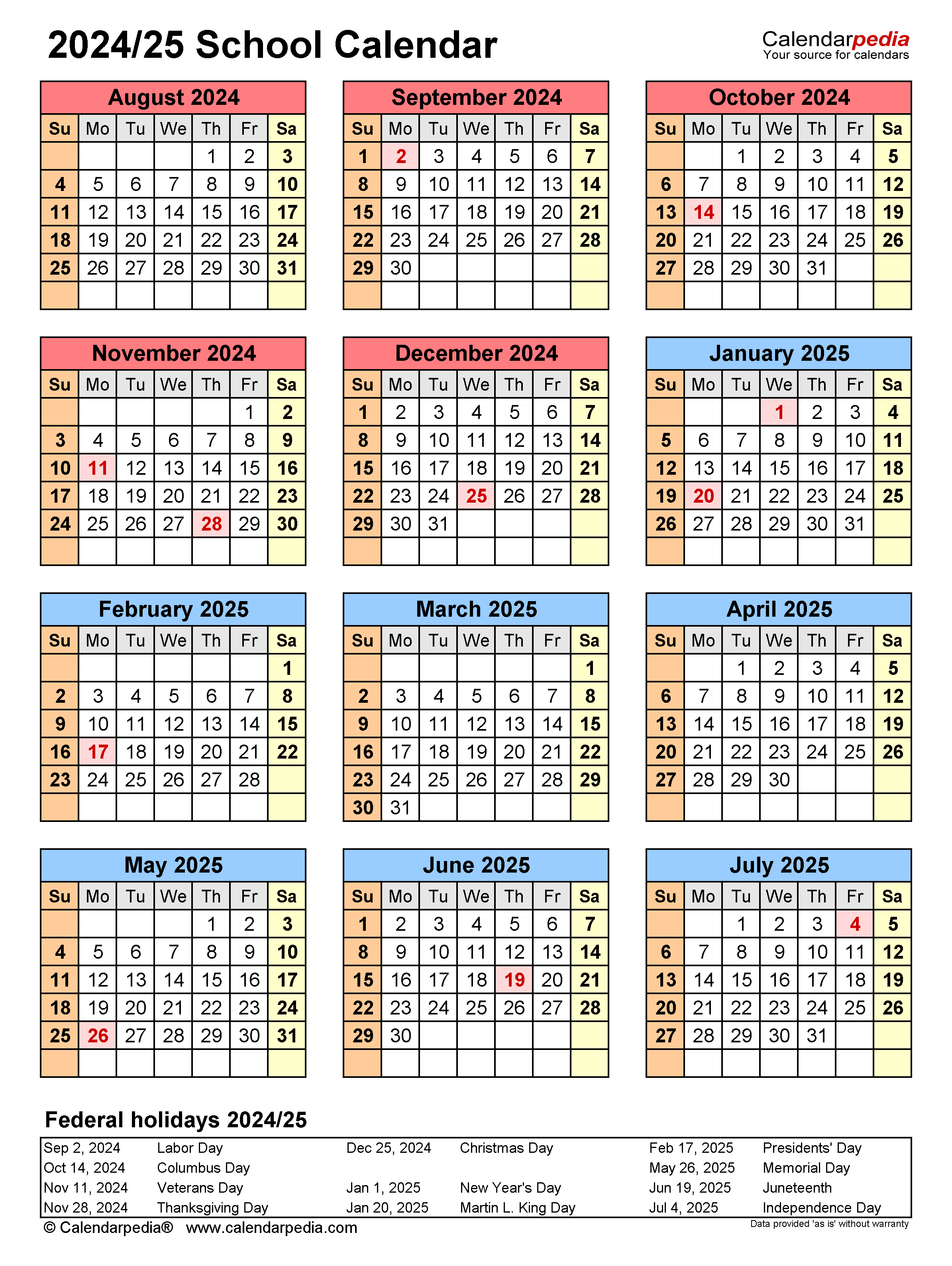 School Calendar 2024 2024 Calendar Printable - Free Printable Academic Calendar 2024-2025 Cute