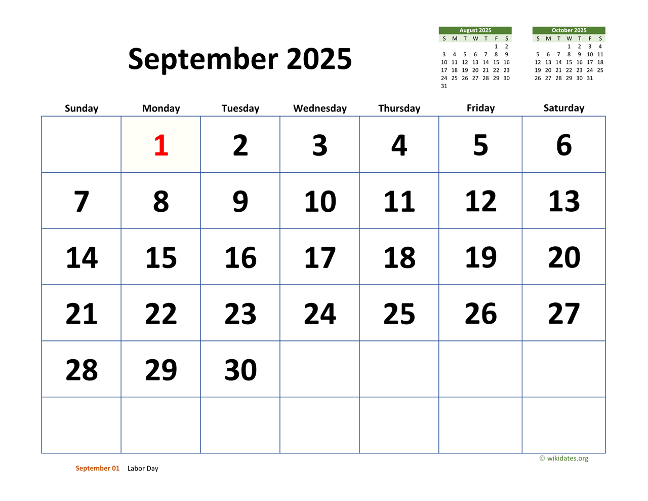 September 2025 Calendar With Extra large Dates WikiDates - Free Printable 2024-2025 Calendar September